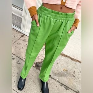 Jakke Vegan Leather Bright Green Tapered Trousers with Elastic Waist. Worn once